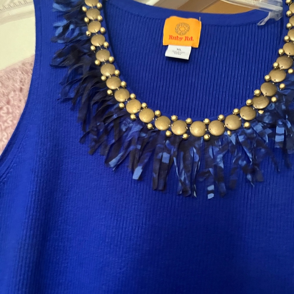 Ruby Rd. Royal Blue Sleeveless Tank with Gold Beaded Fringe Neckline